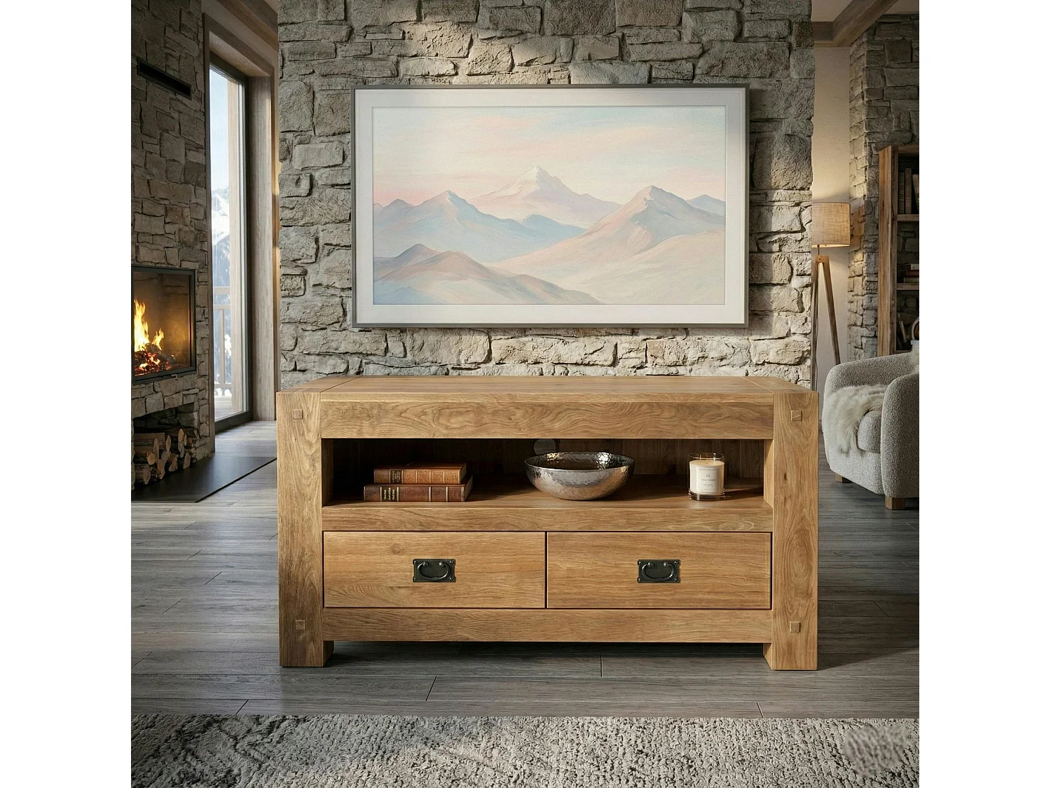 Meuble TV bois de chêne 2 tiroirs FJORD