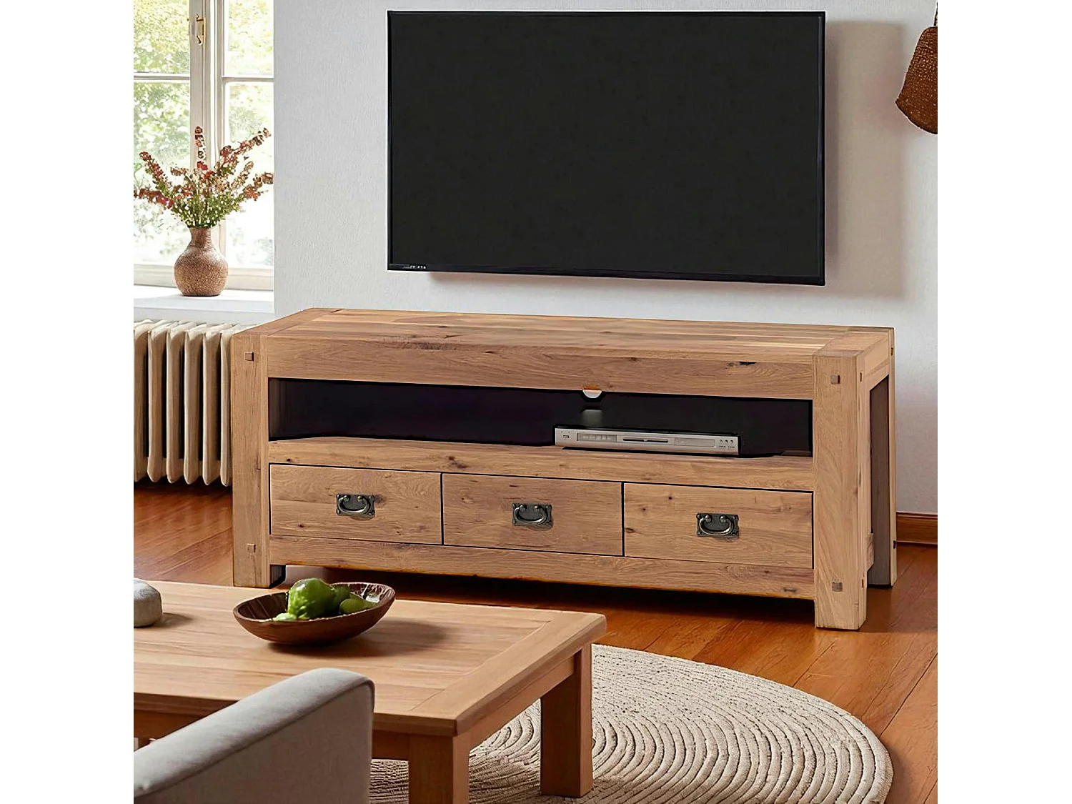 Meuble TV bois de chêne 3 tiroirs FJORD