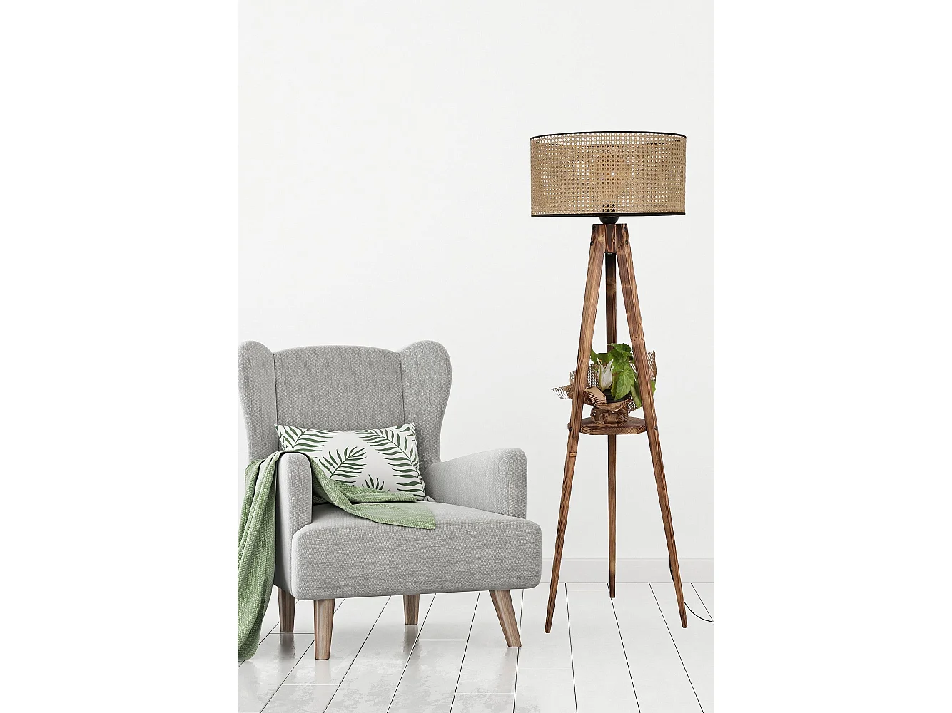 Lampadaire trépied Lunctura 153cm Bois Naturel et Tissu cannage brun