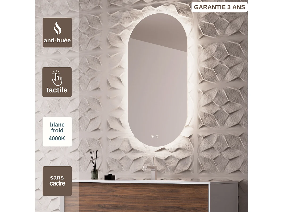 Miroir Salle de Bains Lumineux Éclairage Led Intégré Rétro éclairé L50*H90 cm, Fonctions On/Off et Anti-Buée, PALMA by SANIZÉO