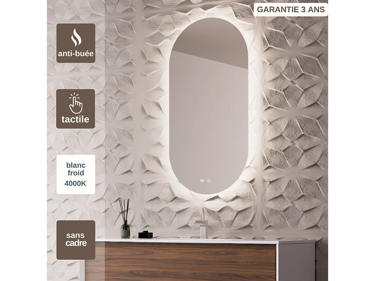 Miroir Salle de Bains Lumineux Éclairage Led Intégré Rétro éclairé L50*H90 cm, Fonctions On/Off et Anti-Buée, PALMA by SANIZÉO