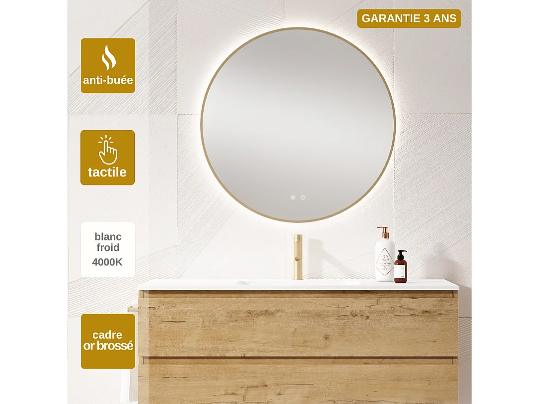 Miroir Salle de Bains Lumineux Éclairage Led Intégré Rétro éclairé Ø80cm, Fonctions On/Off et Anti-Buée Contour Or Brossé, IBIZA by SANIZÉO