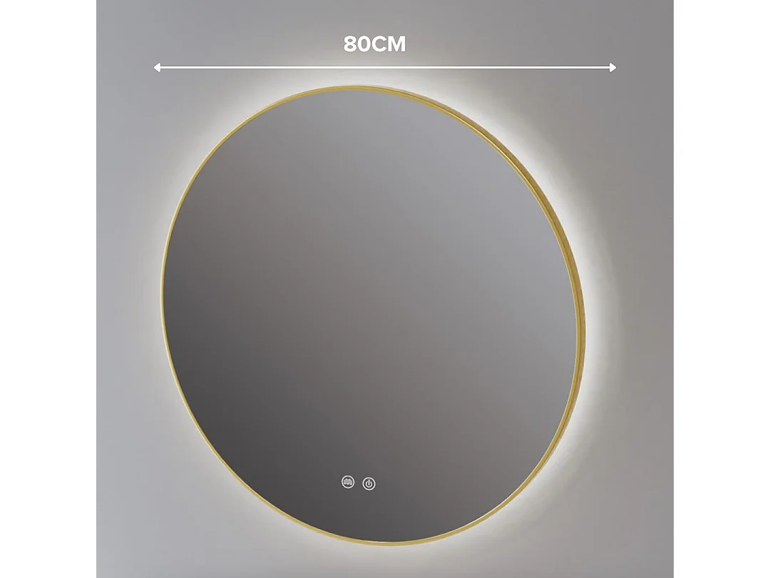 Miroir Salle de Bains Lumineux Éclairage Led Intégré Rétro éclairé Ø80cm, Fonctions On/Off et Anti-Buée Contour Or Brossé, IBIZA by SANIZÉO