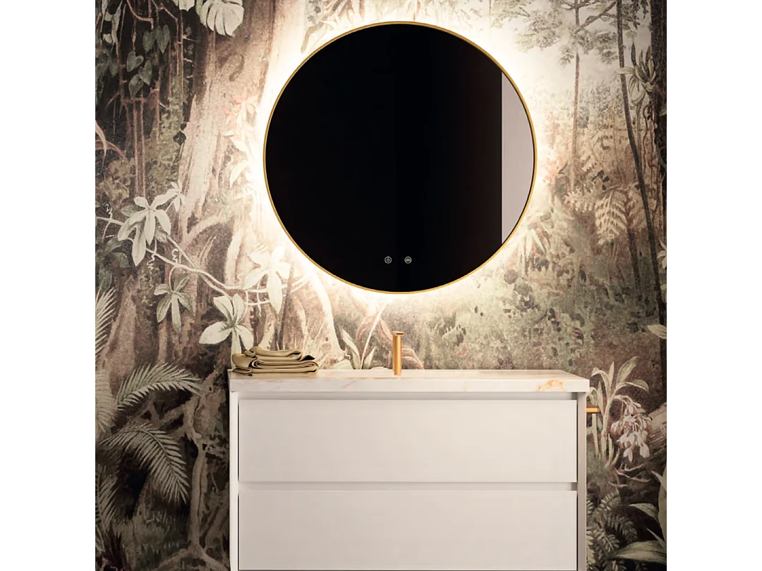 Miroir Salle de Bains Lumineux Éclairage Led Intégré Rétro éclairé Ø80cm, Fonctions On/Off et Anti-Buée Contour Or Brossé, IBIZA by SANIZÉO
