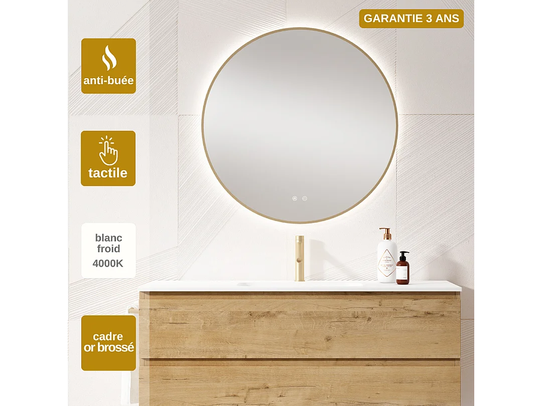 Miroir Salle de Bains Lumineux Éclairage Led Intégré Rétro éclairé Ø80cm, Fonctions On/Off et Anti-Buée Contour Or Brossé, IBIZA by SANIZÉO