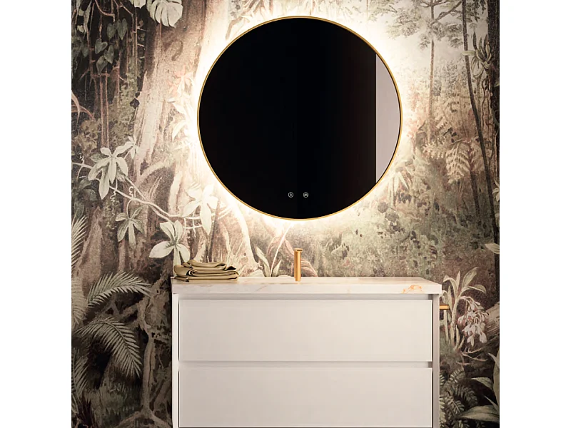 Miroir Salle de Bains Lumineux Éclairage Led Intégré Rétro éclairé Ø80cm, Fonctions On/Off et Anti-Buée Contour Or Brossé, IBIZA by SANIZÉO