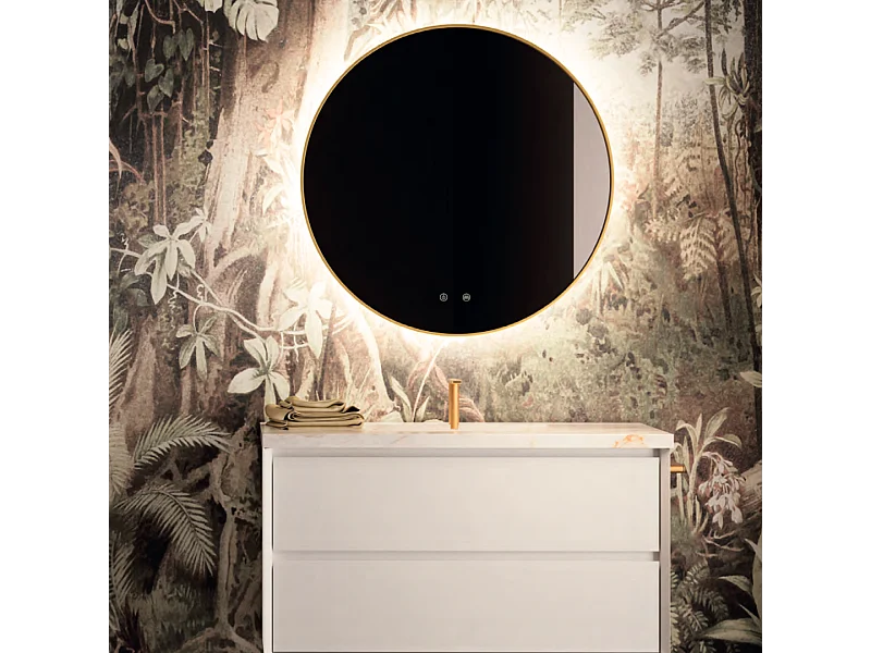 Miroir Salle de Bains Lumineux Éclairage Led Intégré Rétro éclairé Ø80cm, Fonctions On/Off et Anti-Buée Contour Or Brossé, IBIZA by SANIZÉO