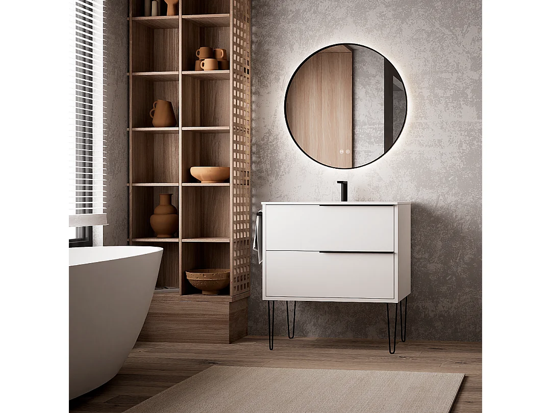 Miroir Salle de Bains Lumineux Éclairage Led Intégré Rétro éclairé Ø80cm, Fonctions On/Off et Anti-Buée Contour Noir Mat, IBIZA by SANIZÉO