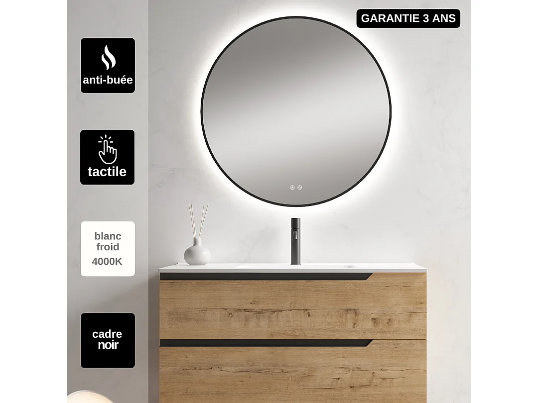 Miroir Salle de Bains Lumineux Éclairage Led Intégré Rétro éclairé Ø80cm, Fonctions On/Off et Anti-Buée Contour Noir Mat, IBIZA by SANIZÉO