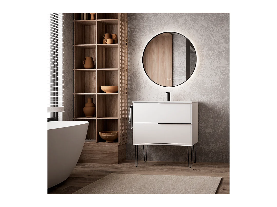 Miroir Salle de Bains Lumineux Éclairage Led Intégré Rétro éclairé Ø80cm, Fonctions On/Off et Anti-Buée Contour Noir Mat, IBIZA by SANIZÉO
