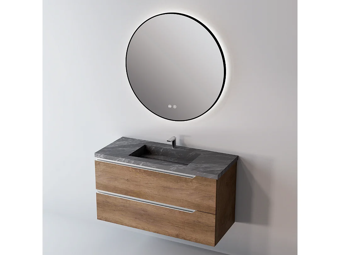 Miroir Salle de Bains Lumineux Éclairage Led Intégré Rétro éclairé Ø80cm, Fonctions On/Off et Anti-Buée Contour Noir Mat, IBIZA by SANIZÉO