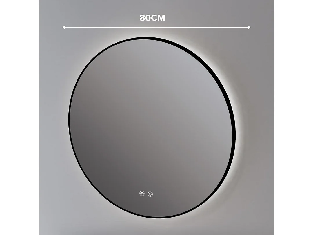 Miroir Salle de Bains Lumineux Éclairage Led Intégré Rétro éclairé Ø80cm, Fonctions On/Off et Anti-Buée Contour Noir Mat, IBIZA by SANIZÉO