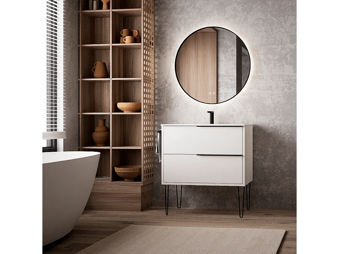 Miroir Salle de Bains Lumineux Éclairage Led Intégré Rétro éclairé Ø80cm, Fonctions On/Off et Anti-Buée Contour Noir Mat, IBIZA by SANIZÉO