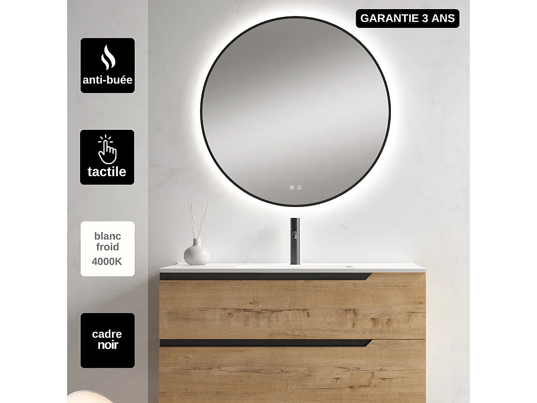 Miroir Salle de Bains Lumineux Éclairage Led Intégré Rétro éclairé Ø80cm, Fonctions On/Off et Anti-Buée Contour Noir Mat, IBIZA by SANIZÉO