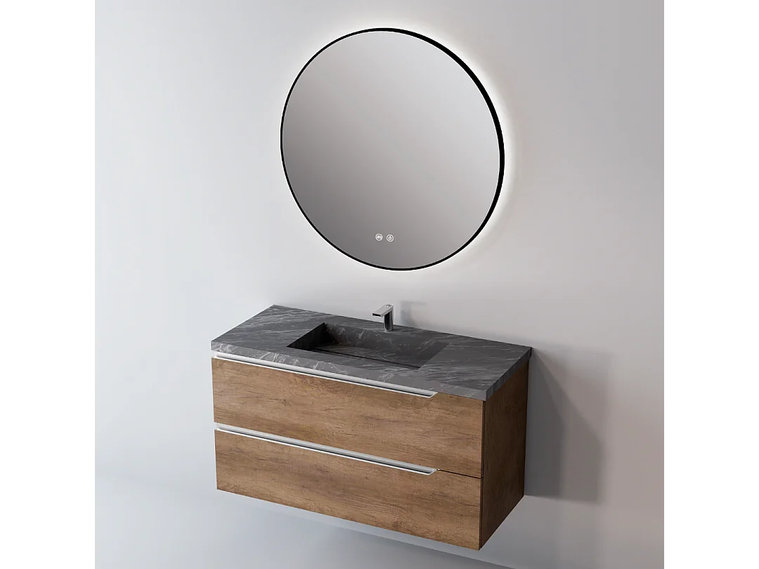 Miroir Salle de Bains Lumineux Éclairage Led Intégré Rétro éclairé Ø80cm, Fonctions On/Off et Anti-Buée Contour Noir Mat, IBIZA by SANIZÉO
