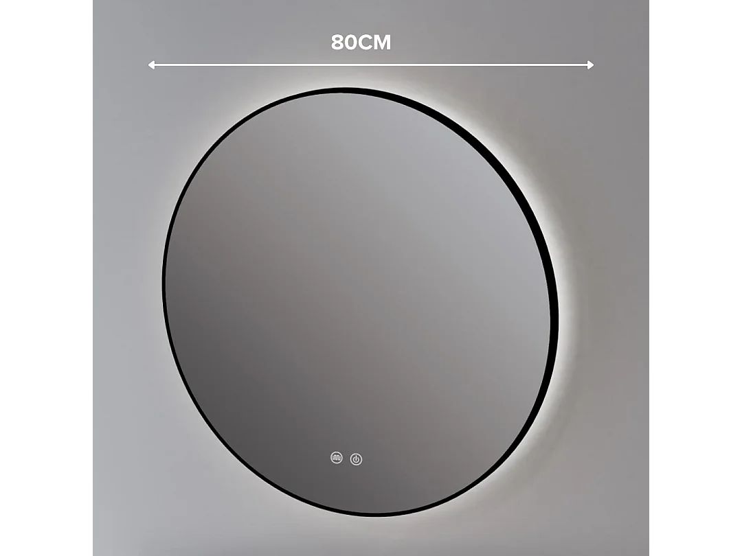 Miroir Salle de Bains Lumineux Éclairage Led Intégré Rétro éclairé Ø80cm, Fonctions On/Off et Anti-Buée Contour Noir Mat, IBIZA by SANIZÉO