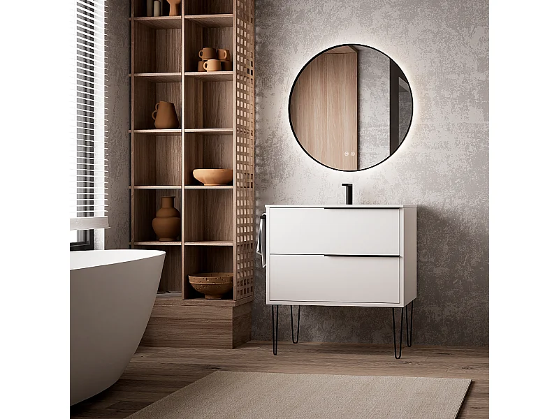 Miroir Salle de Bains Lumineux Éclairage Led Intégré Rétro éclairé Ø80cm, Fonctions On/Off et Anti-Buée Contour Noir Mat, IBIZA by SANIZÉO