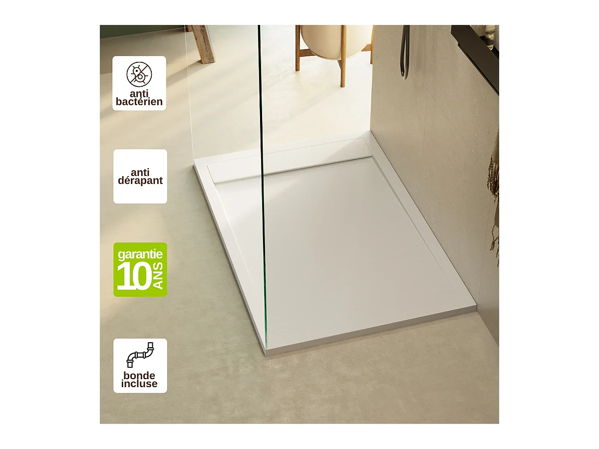 Receveur de Douche Extraplat 180x90x3cm Blanc en Résine Minérale - Antidérapant, Texture Ardoise - MAGNUS LAVABERG