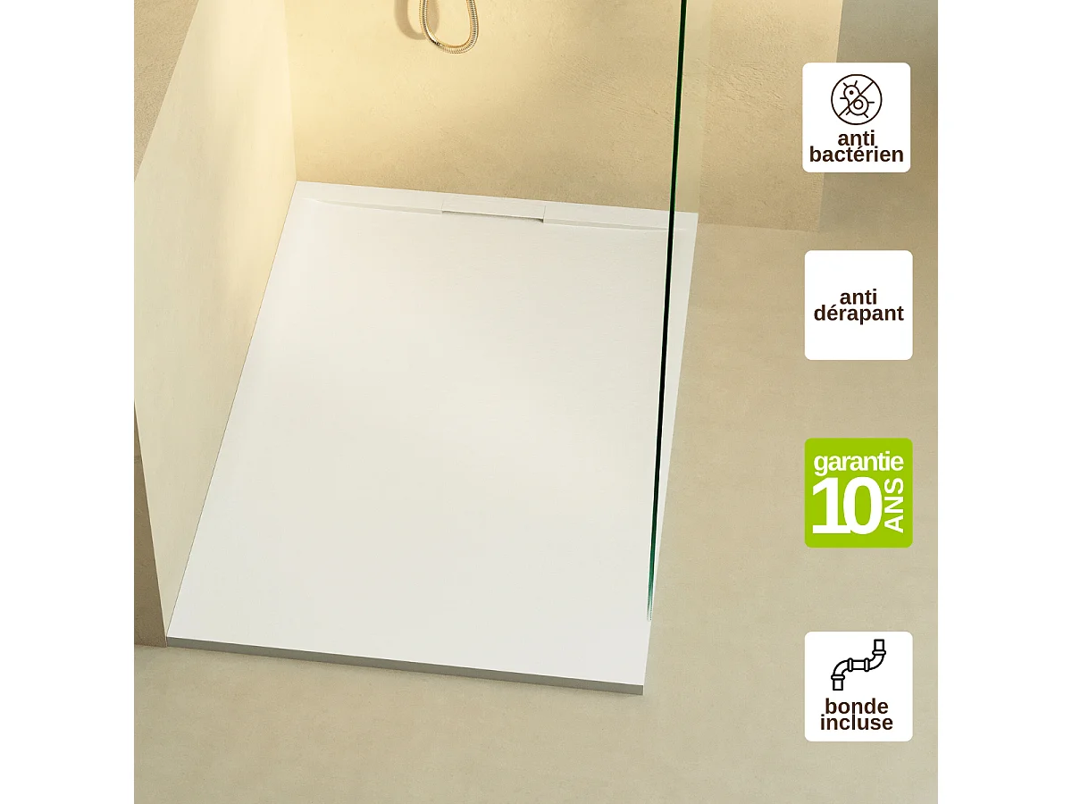 Receveur de douche 140x80 extra-plat Blanc en résine minérale antidérapant effet ardoise - Ragnar LAVABERG
