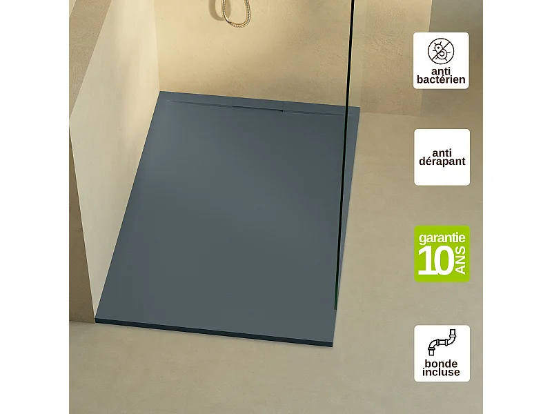 Receveur de Douche Extraplat 200x90cm Gris - Résine Minérale - Antidérapant - Effet Ardoise - Bonde Incluse - LAVABERG