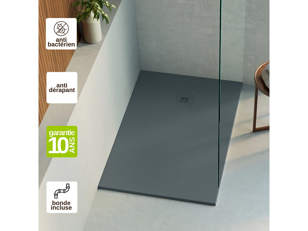 Receveur de Douche Extraplat 140x90cm Gris - Résine Minérale - Antidérapant - Effet Ardoise - Bonde Incluse - LAVABERG
