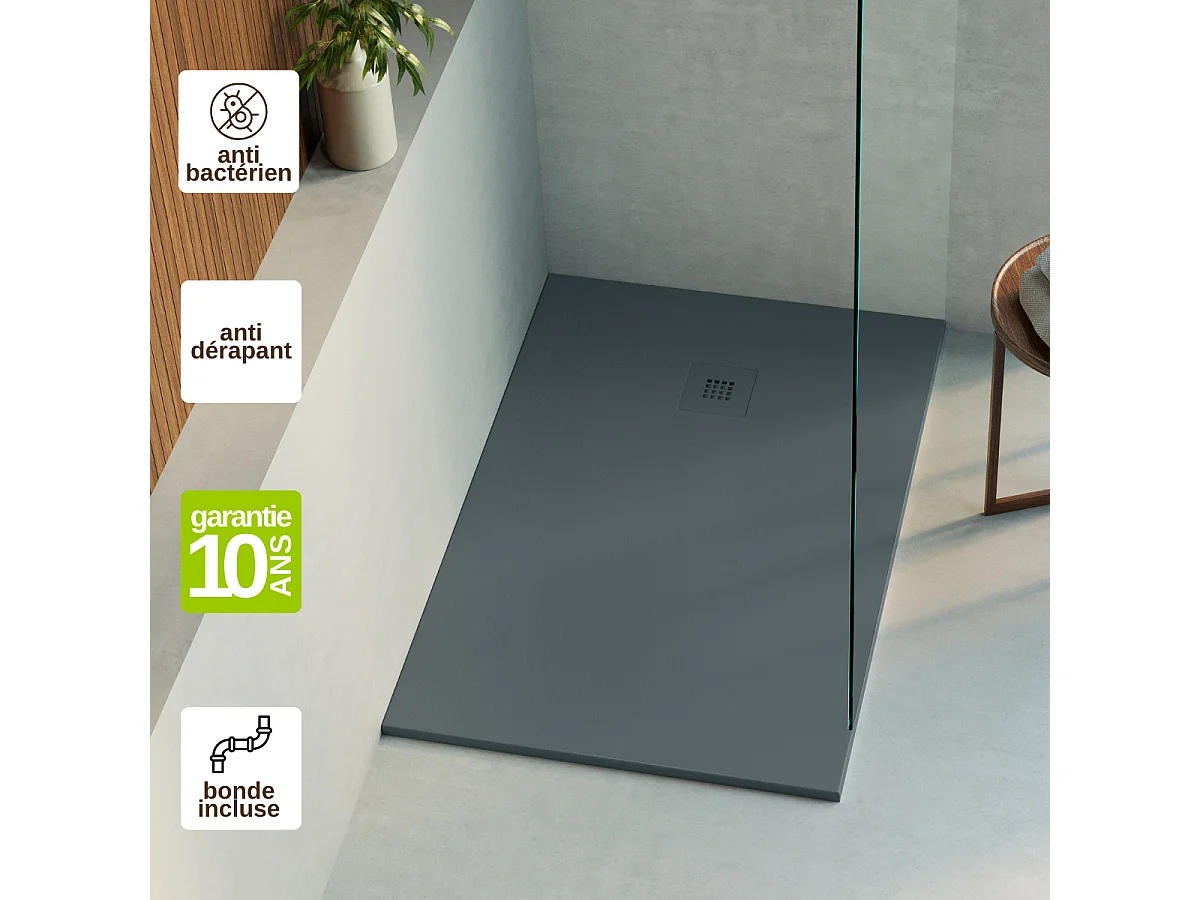 Receveur de douche 140x90 extra-plat Anthracite en résine minérale antidérapant effet ardoise - Thor LAVABERG