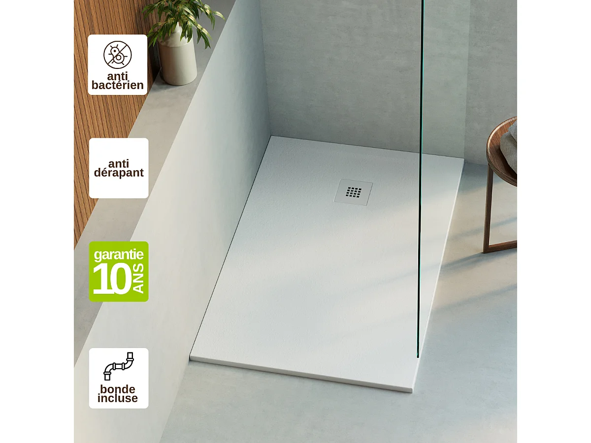 Receveur de Douche Extraplat 160x80cm Blanc - Résine Minérale - Antidérapant - Effet Ardoise - Bonde Incluse - LAVABERG
