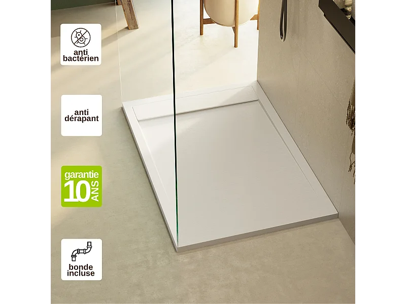 Receveur de Douche Extraplat 180x80cm Blanc - Résine Minérale - Antidérapant - Effet Ardoise - Bonde Incluse - LAVABERG
