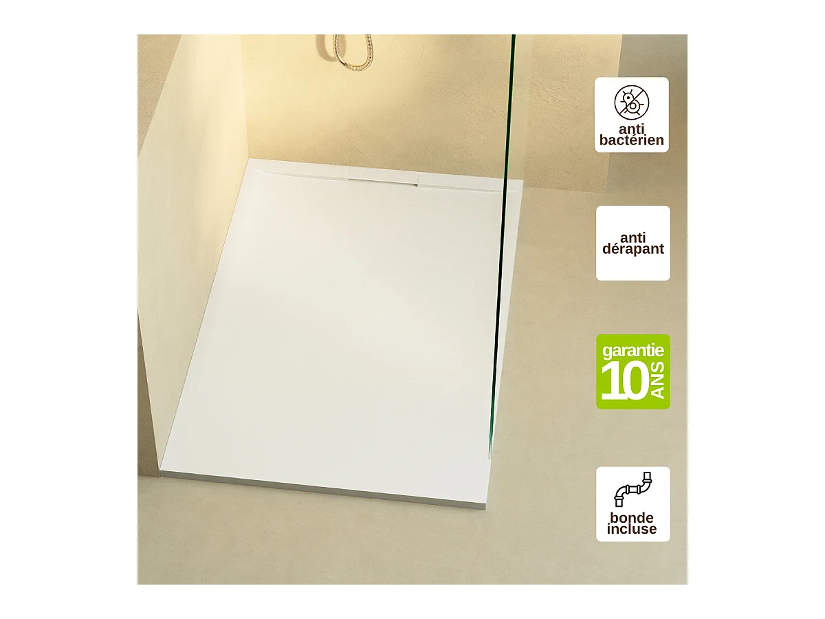 Receveur de Douche Extraplat 200x90x3cm Blanc en Résine Minérale - Antidérapant, Texture Ardoise - RAGNAR LAVABERG