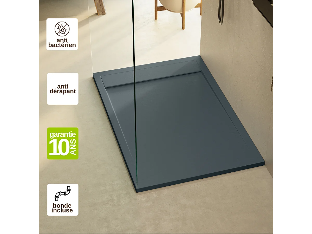 Receveur de Douche Extraplat 120x90cm Gris - Résine Minérale - Antidérapant - Effet Ardoise - Bonde Incluse - LAVABERG