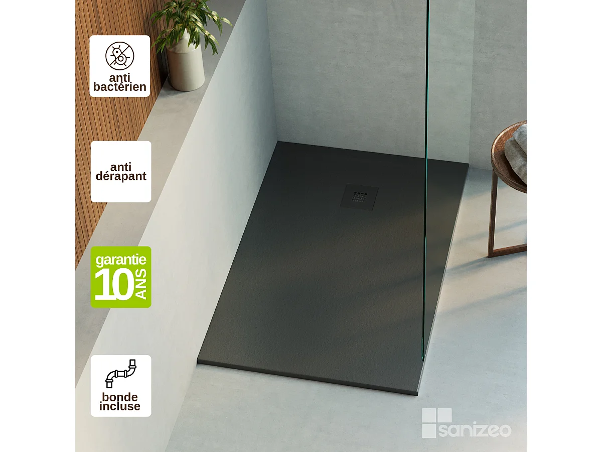 Receveur de douche 160x80 extra-plat Noir en résine minérale antidérapant effet ardoise - Thor LAVABERG