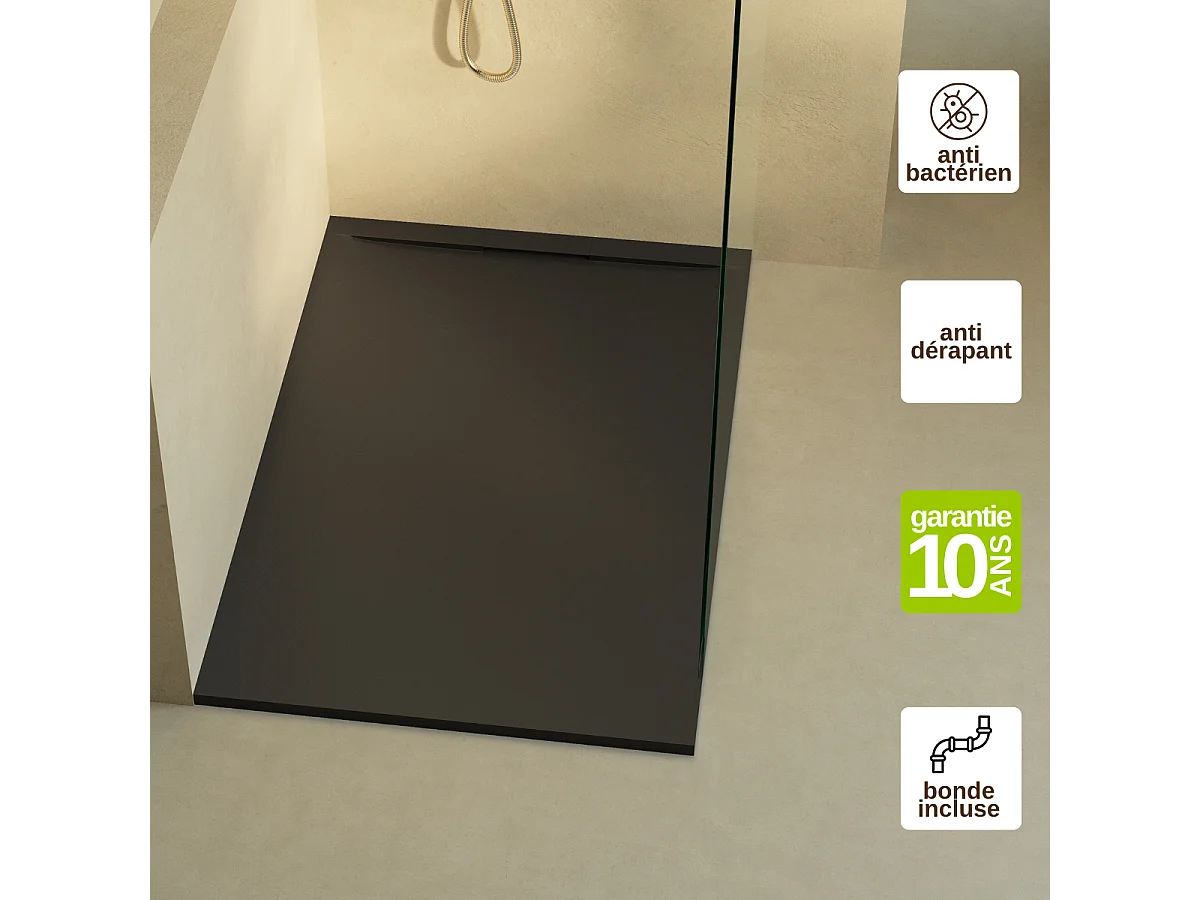 Receveur de Douche Extraplat 120x90cm Noir - Résine Minérale - Antidérapant - Effet Ardoise - Bonde Incluse - LAVABERG