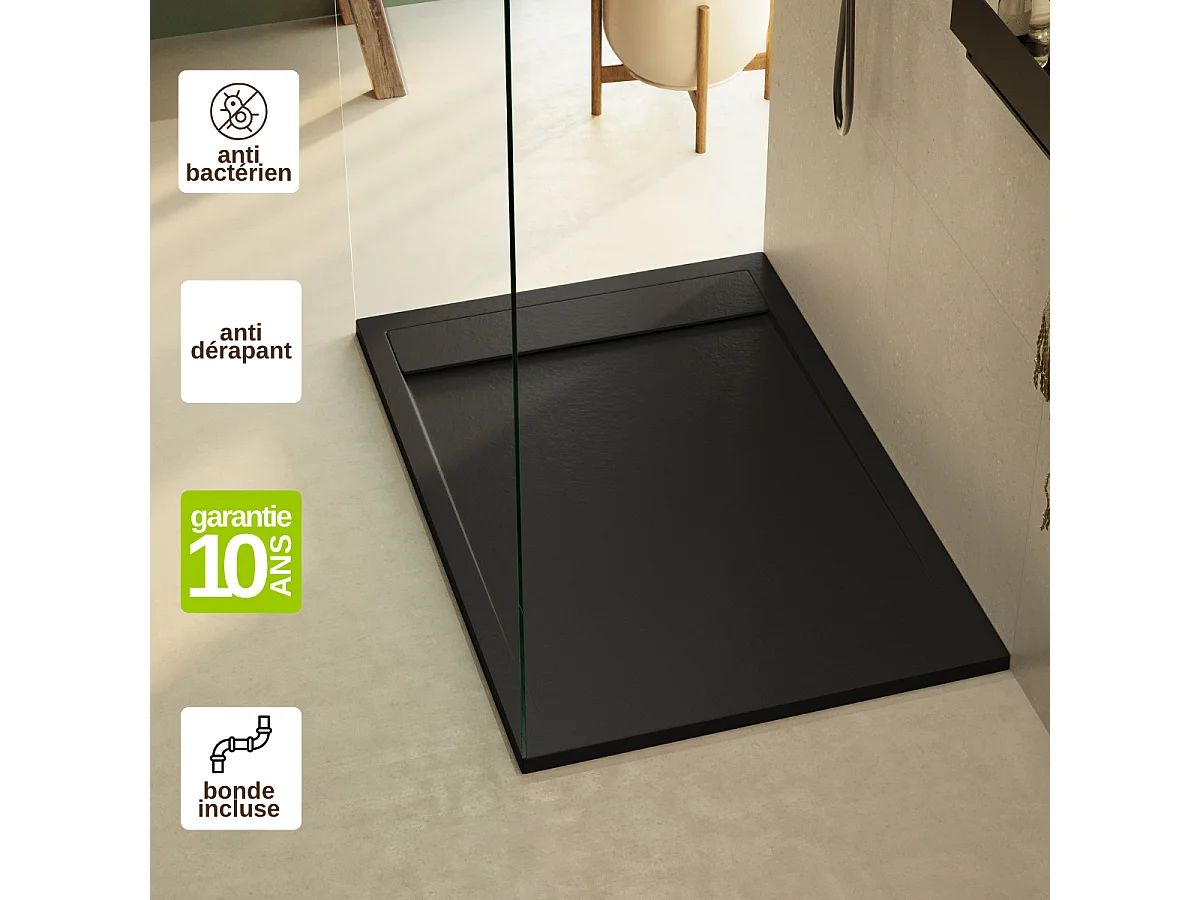 Receveur de douche 140x90 extra-plat Noir en résine minérale antidérapant effet ardoise - Magnus LAVABERG