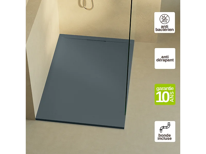 Receveur de Douche Extraplat 160x70cm Gris - Résine Minérale - Antidérapant - Effet Ardoise - Bonde Incluse - LAVABERG
