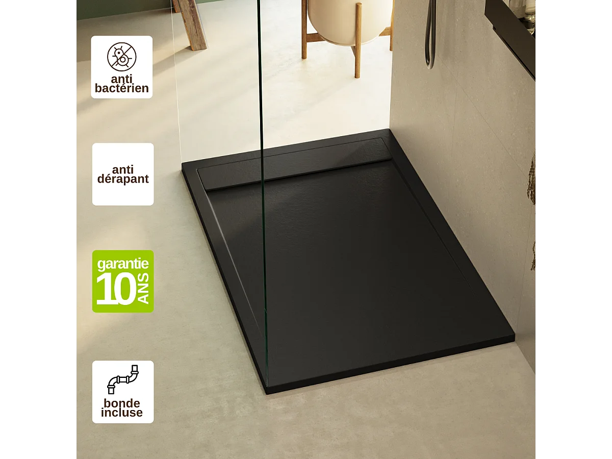 Receveur de Douche Extraplat 90x90cm Noir - Résine Minérale - Antidérapant - Effet Ardoise - Bonde Incluse - LAVABERG