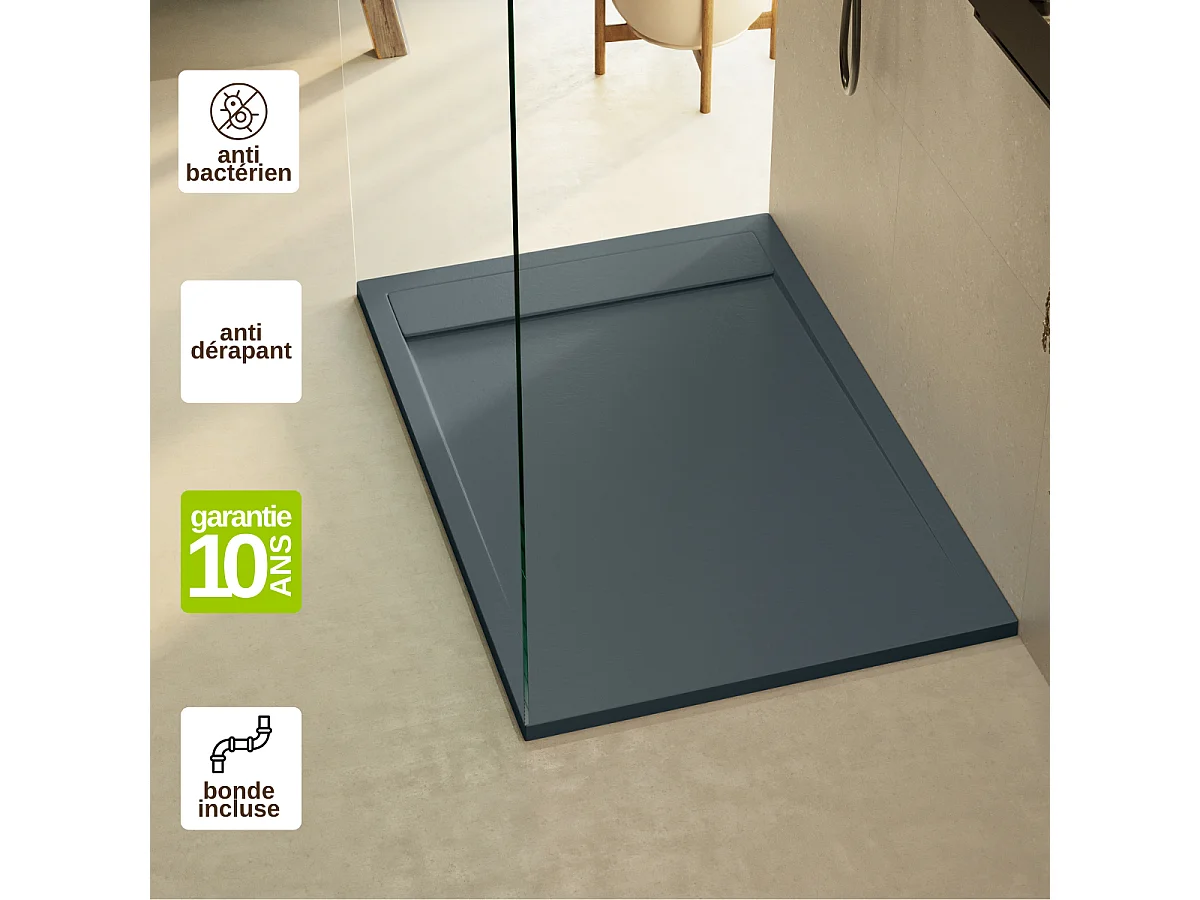 Receveur de douche 100x80 extra-plat Anthracite en résine minérale antidérapant effet ardoise - Magnus LAVABERG