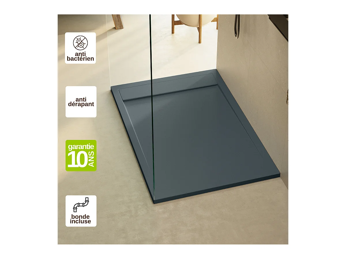Receveur de Douche Extraplat 180x90x3cm Gris en Résine Minérale - Antidérapant, Texture Ardoise - MAGNUS LAVABERG
