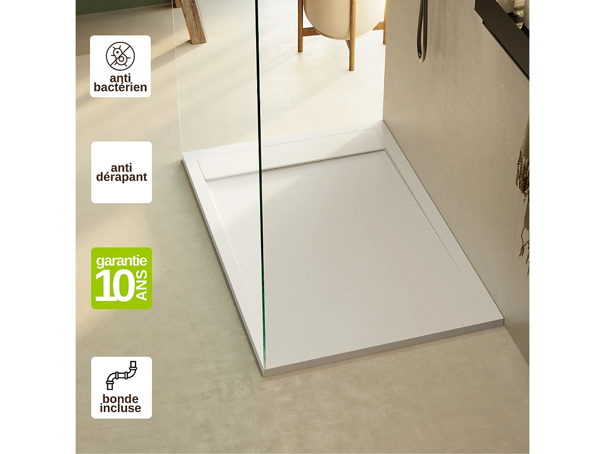 Receveur de douche 160x90 extra-plat Blanc en résine minérale antidérapant effet ardoise - Magnus LAVABERG