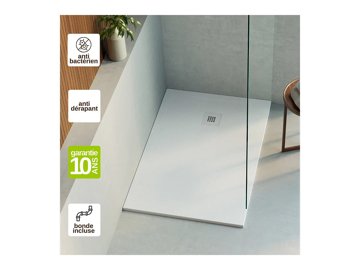 Receveur de Douche Extraplat 80x80x3cm Blanc en Résine Minérale - Antidérapant, Texture Ardoise - THOR LAVABERG