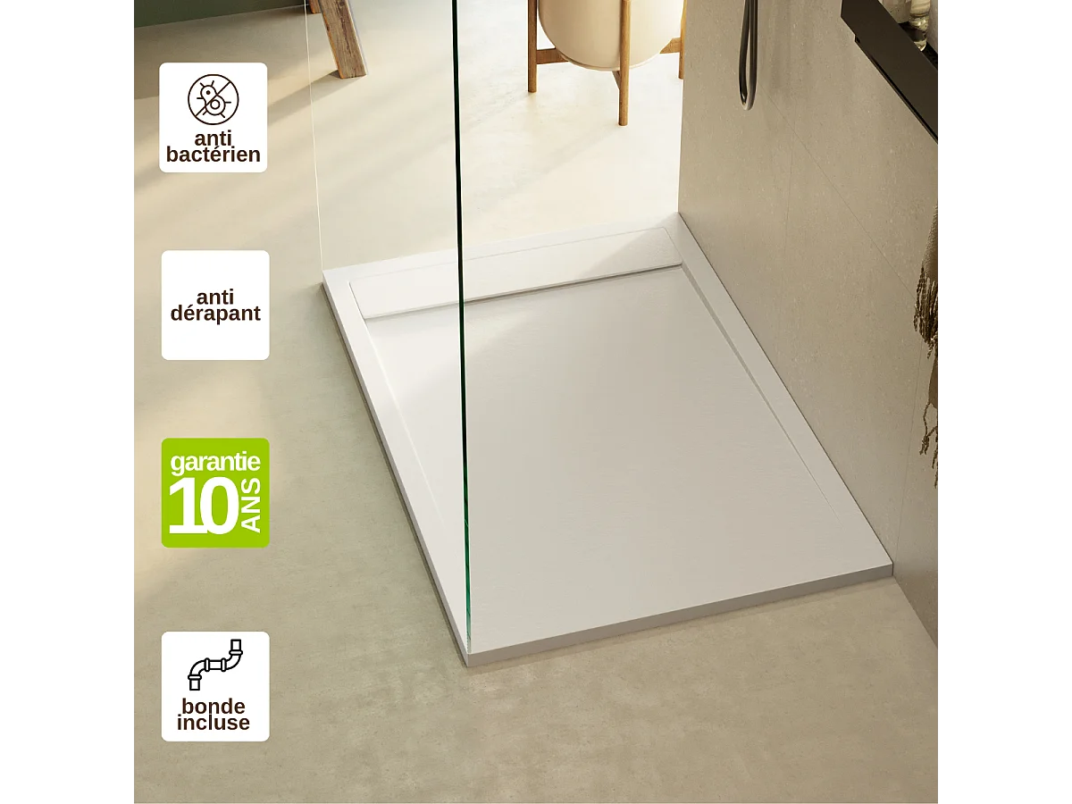 Receveur de Douche Extraplat 80x80cm Blanc - Résine Minérale - Antidérapant - Effet Ardoise - Bonde Incluse - LAVABERG