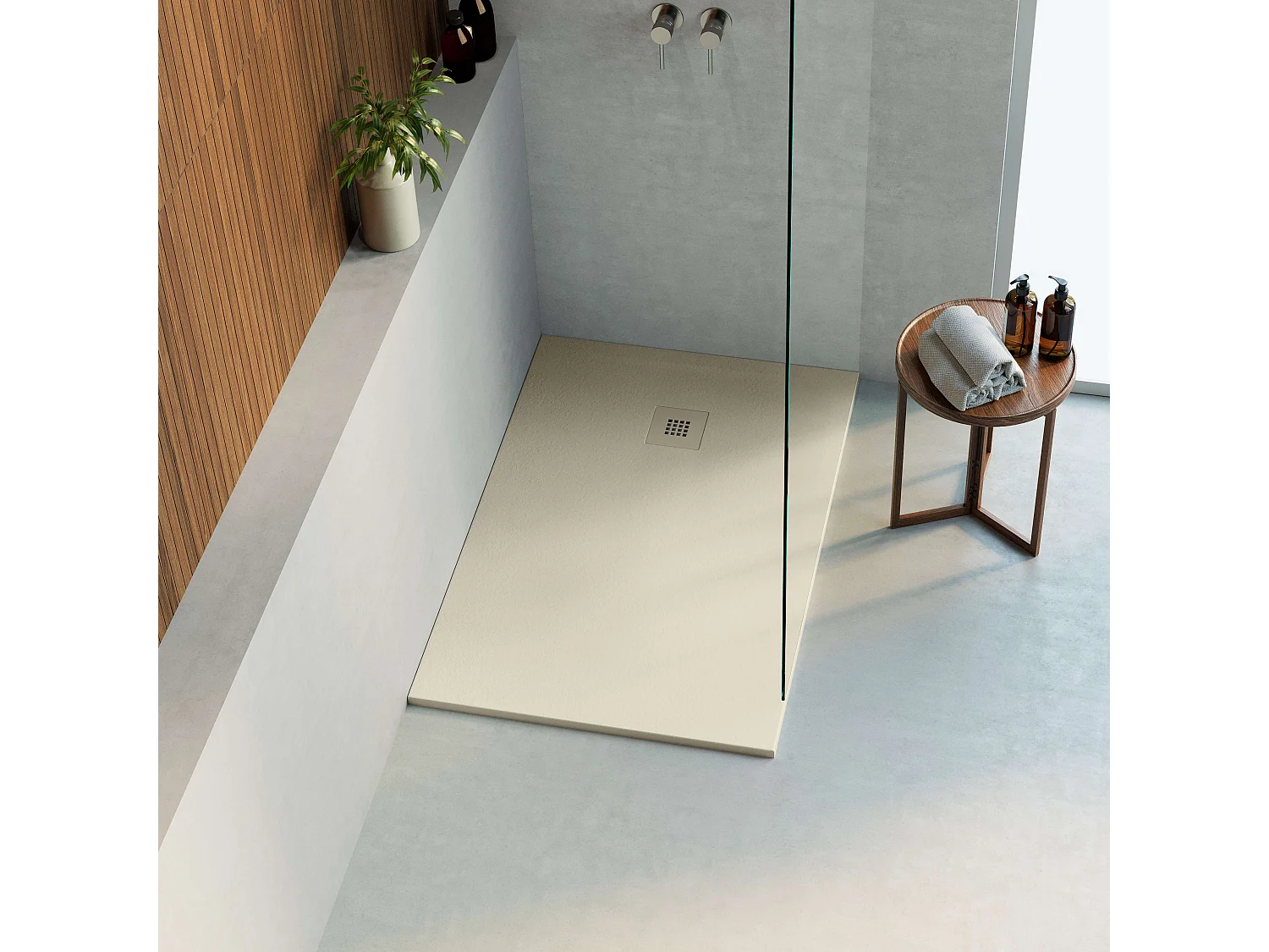 Receveur de douche 140x70 extra-plat Beige en résine minérale antidérapant effet ardoise - Thor LAVABERG