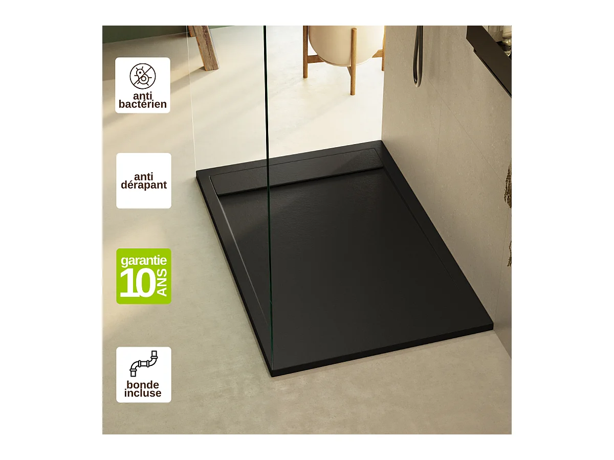 Receveur de Douche Extraplat 140x80x3cm Noir en Résine Minérale - Antidérapant, Texture Ardoise - MAGNUS LAVABERG