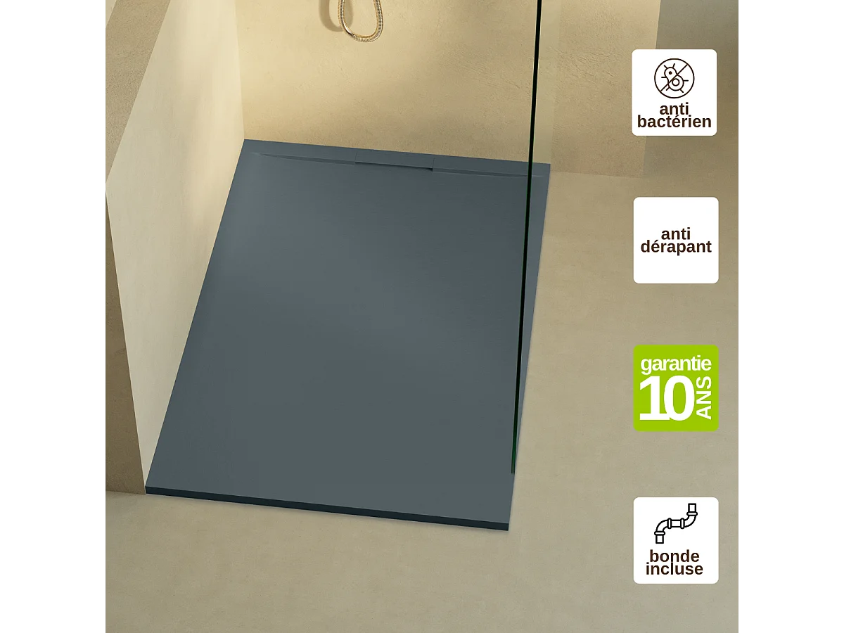 Receveur de Douche Extraplat 90x90cm Gris - Résine Minérale - Antidérapant - Effet Ardoise - Bonde Incluse - LAVABERG