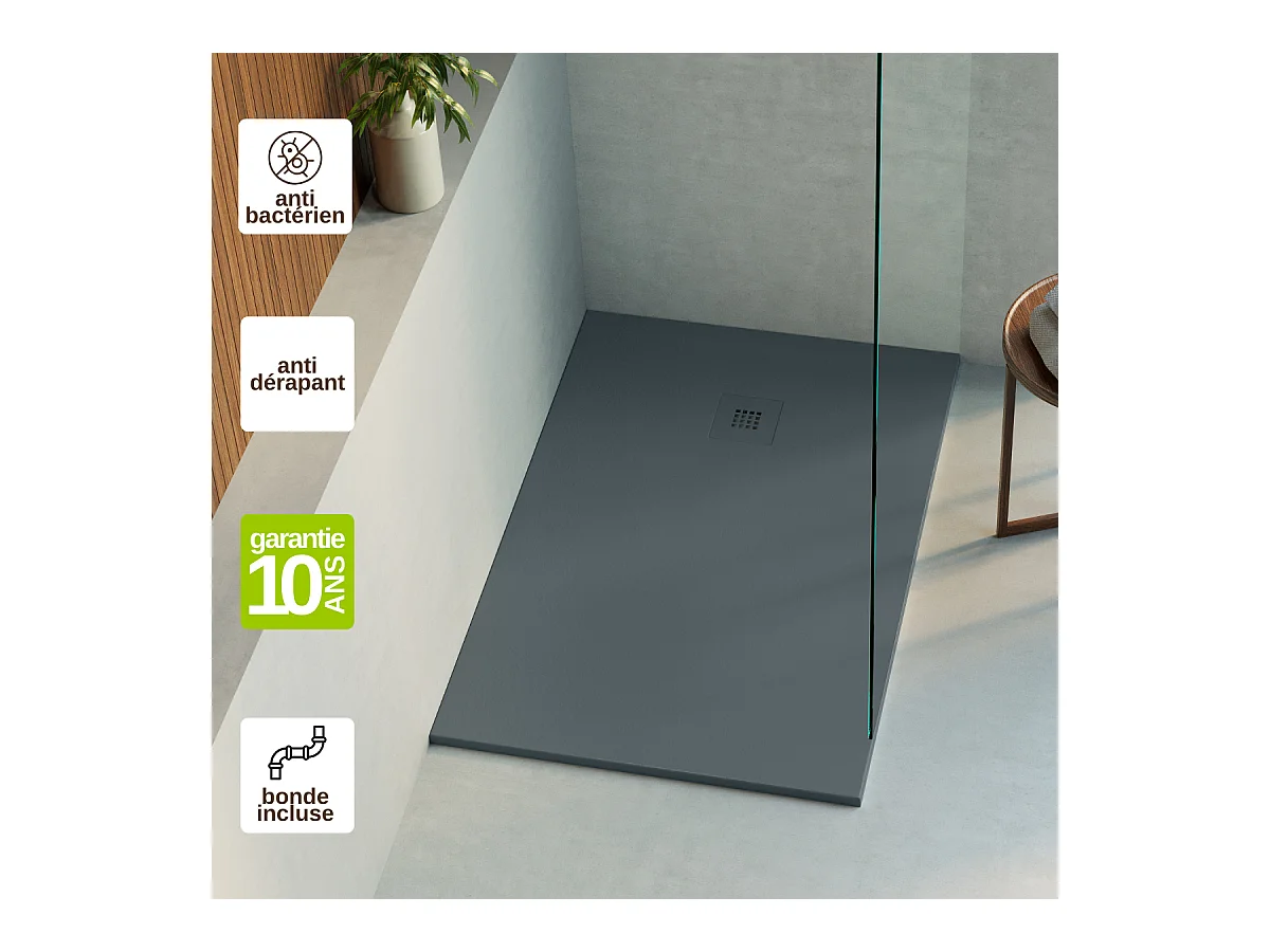 Receveur de Douche Extraplat 100x80x3cm Gris en Résine Minérale - Antidérapant, Texture Ardoise - THOR LAVABERG
