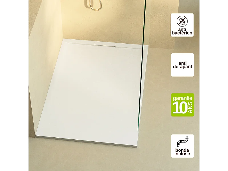 Receveur de Douche Extraplat 180x70cm Blanc - Résine Minérale - Antidérapant - Effet Ardoise - Bonde Incluse - LAVABERG