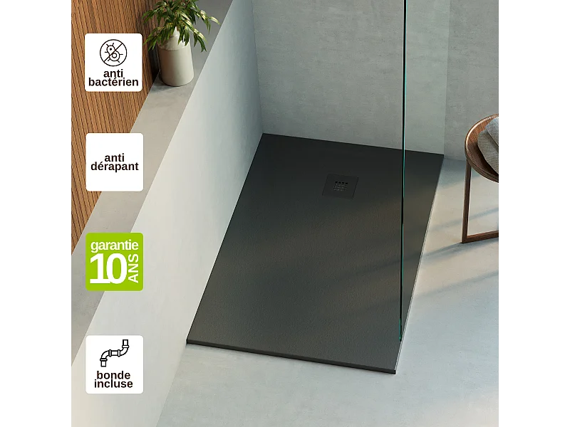 Receveur de Douche Extraplat 140x70cm Noir - Résine Minérale - Antidérapant - Effet Ardoise - Bonde Incluse - LAVABERG