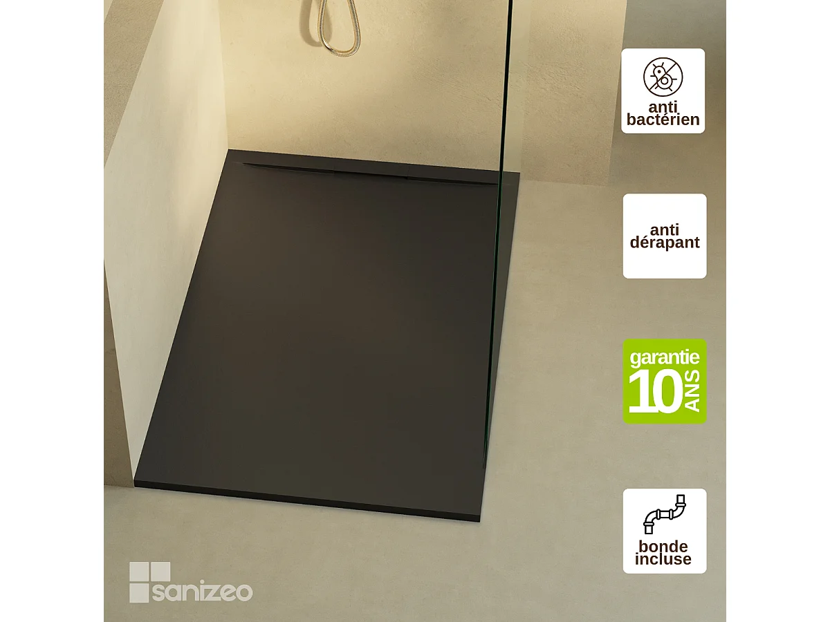 Receveur de douche 120x70 extra-plat Noir en résine minérale antidérapant effet ardoise - Ragnar LAVABERG