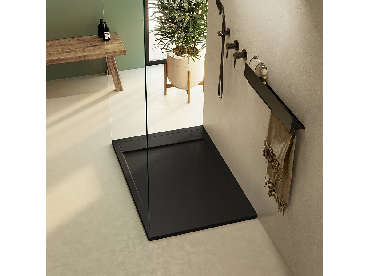 Receveur de douche 160x80 extra-plat Noir en résine minérale antidérapant effet ardoise - Magnus LAVABERG