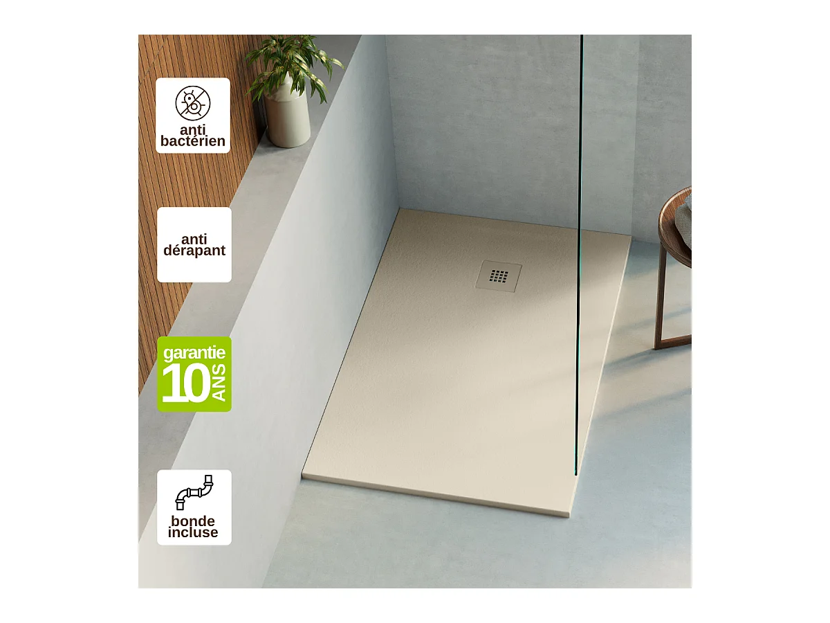Receveur de Douche Extraplat 160x80x3cm Beige en Résine Minérale - Antidérapant, Texture Ardoise - THOR LAVABERG