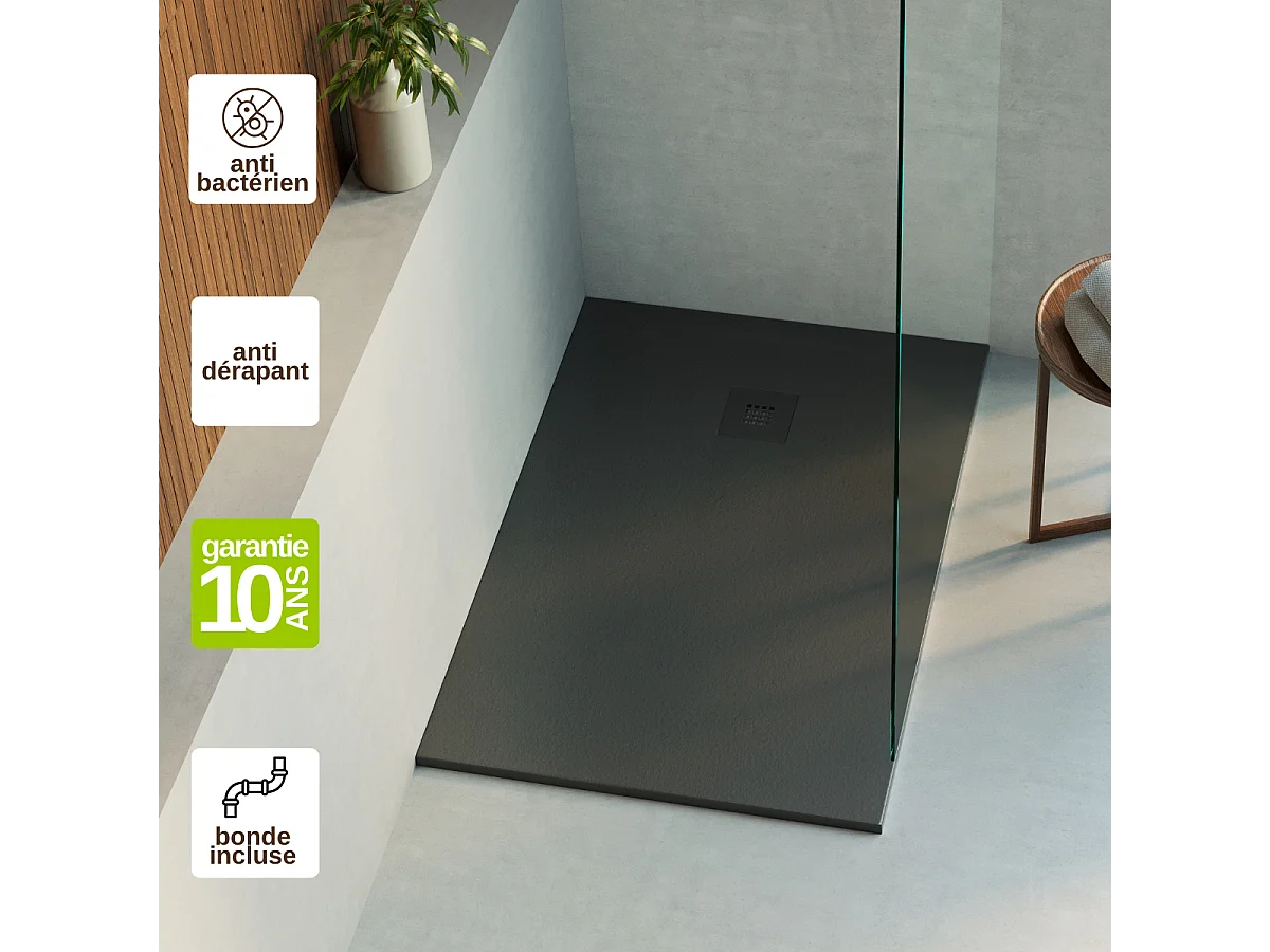 Receveur de Douche Extraplat 180x90cm Noir - Résine Minérale - Antidérapant - Effet Ardoise - Bonde Incluse - LAVABERG
